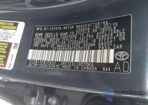 2015 Toyota Corolla L из США, поврежденный, VIN 2T1BURHE8FC420136